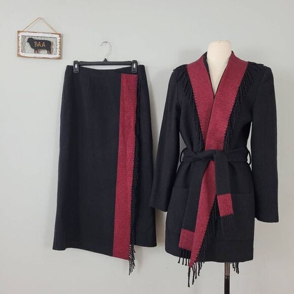 Vintage Worth 100% Camel Hair Fringed Jacket & Wrap Skirt Set Sz 8/10 Black USA - Picture 1 of 10
